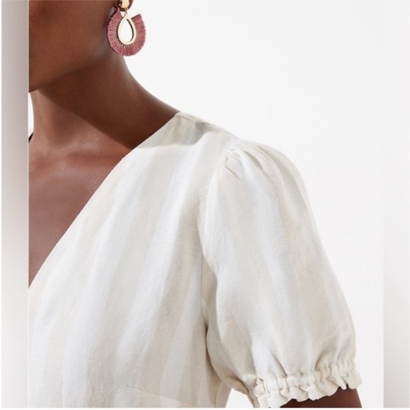 LOFT Beige White Stripe Linen Button-Front Short Puff Sleeve Dress - Picture 4 of 7